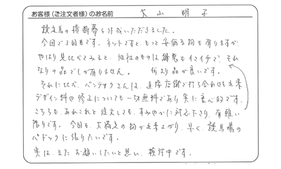 今回も大満足の物が出来上がり、早く、競馬場のパドックに張りたいです。